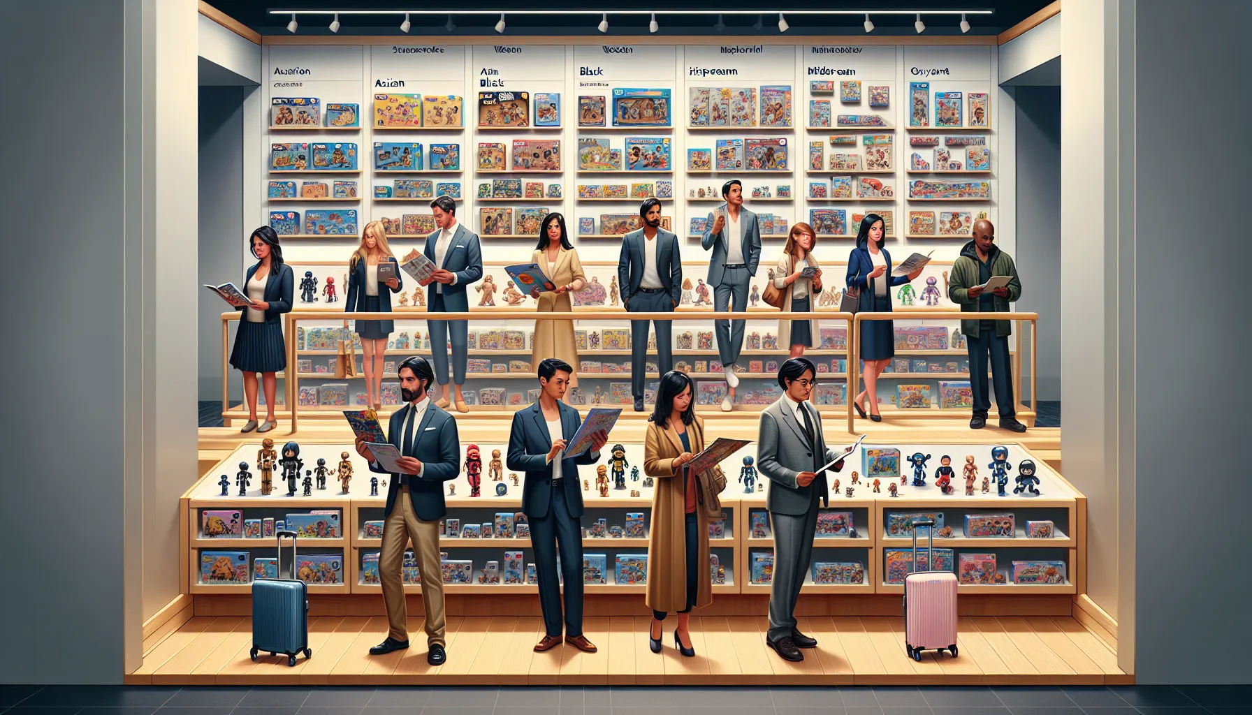 diverse group examining toys in a modern retail store.