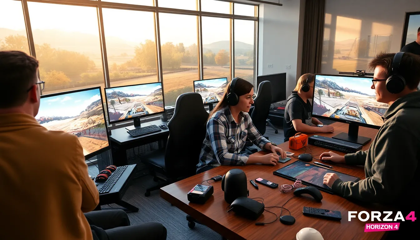 gamers engaged in Forza Horizon 4 in a modern gaming room.