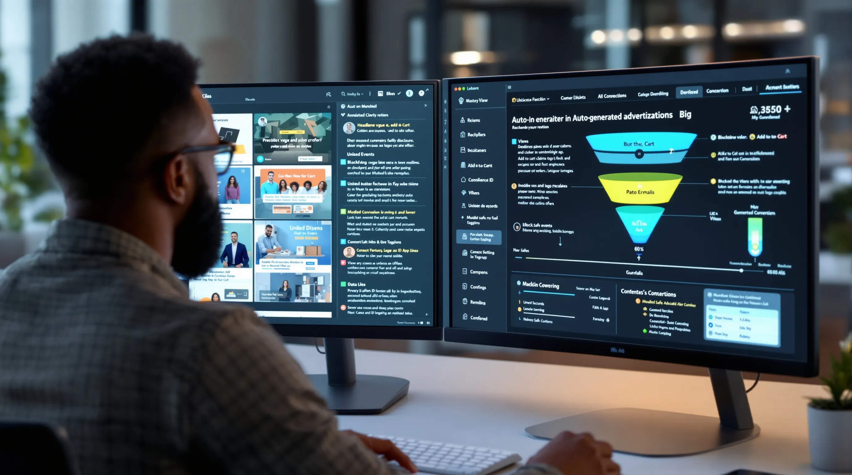 Marketer reviews AI-generated ad variations with data, privacy, and compliance checks.