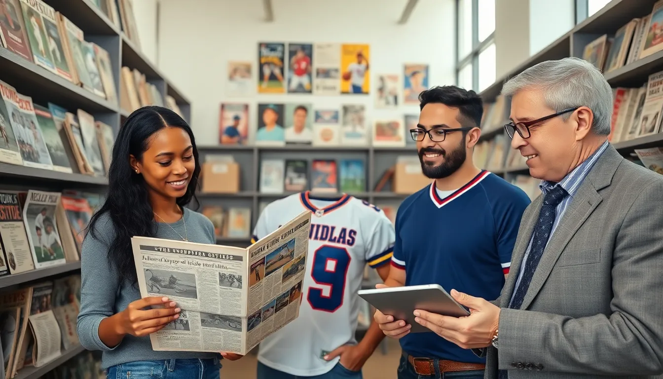 a diverse group discussing sports memorabilia in an archive room.