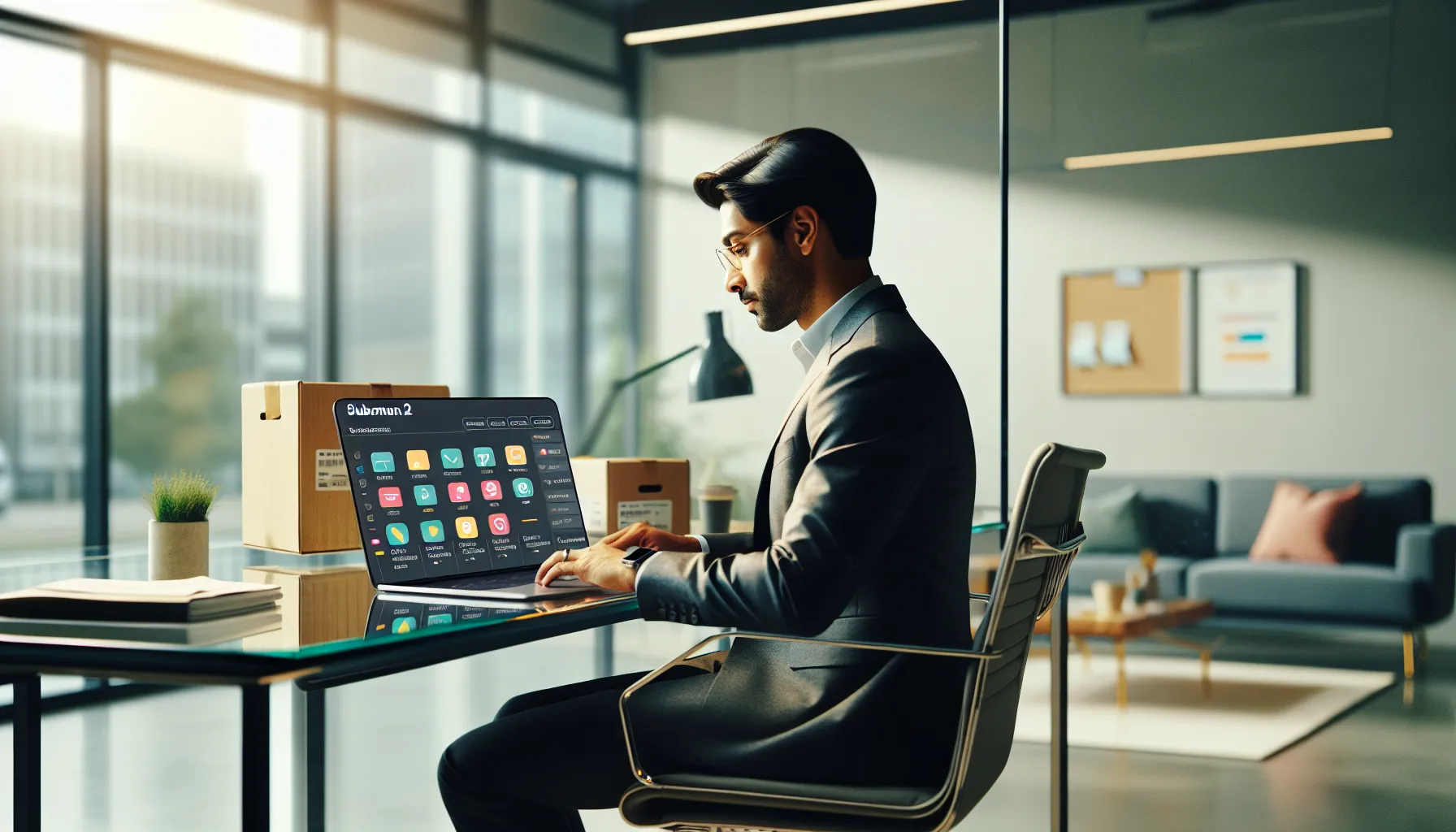person managing subscriptions on a laptop in a modern office.