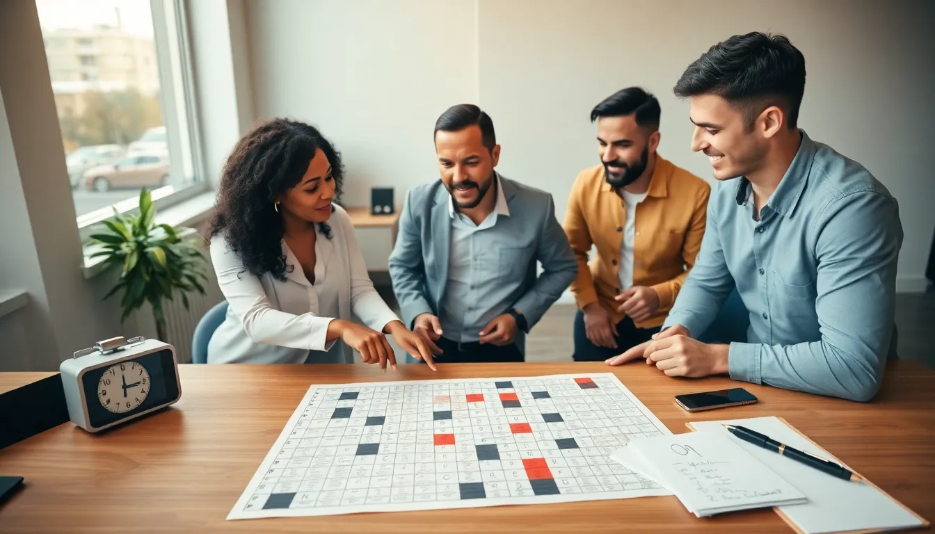 diverse professionals discussing a crossword puzzle in a modern workspace.