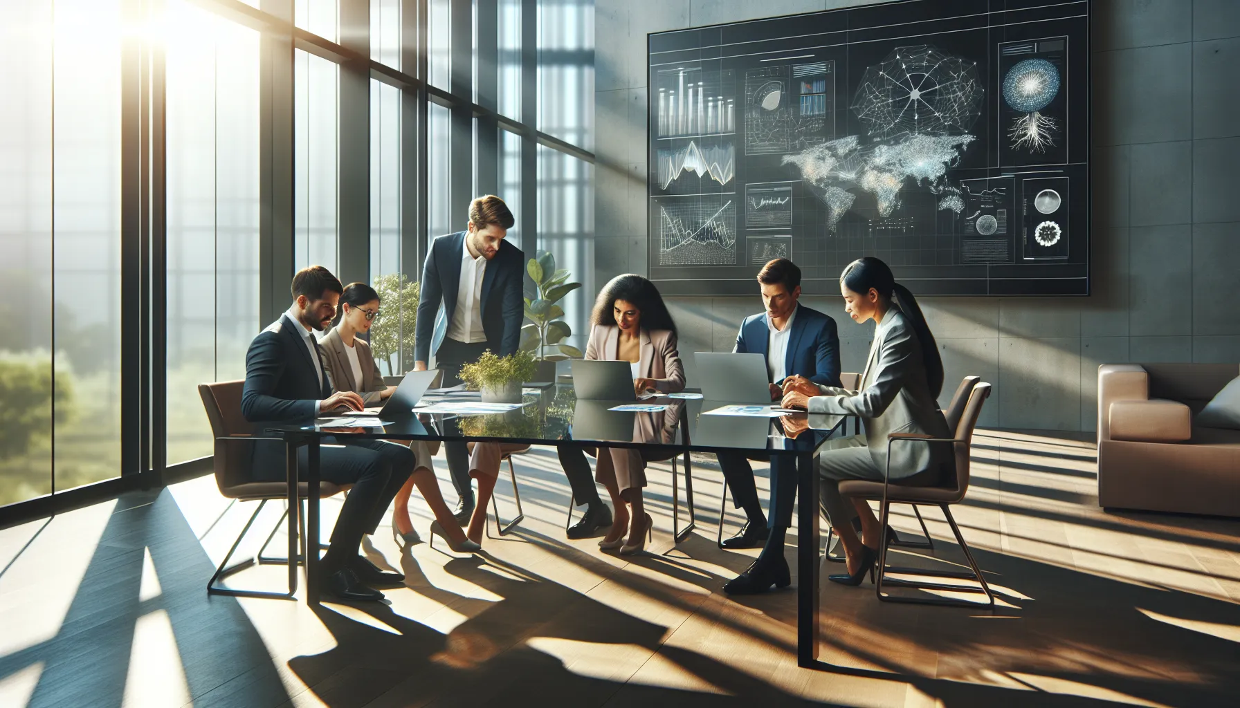 diverse team engaged in a strategy meeting in a modern office.