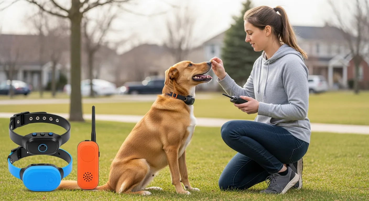 Woman training dog with modern e-collar and remote in a suburban park.