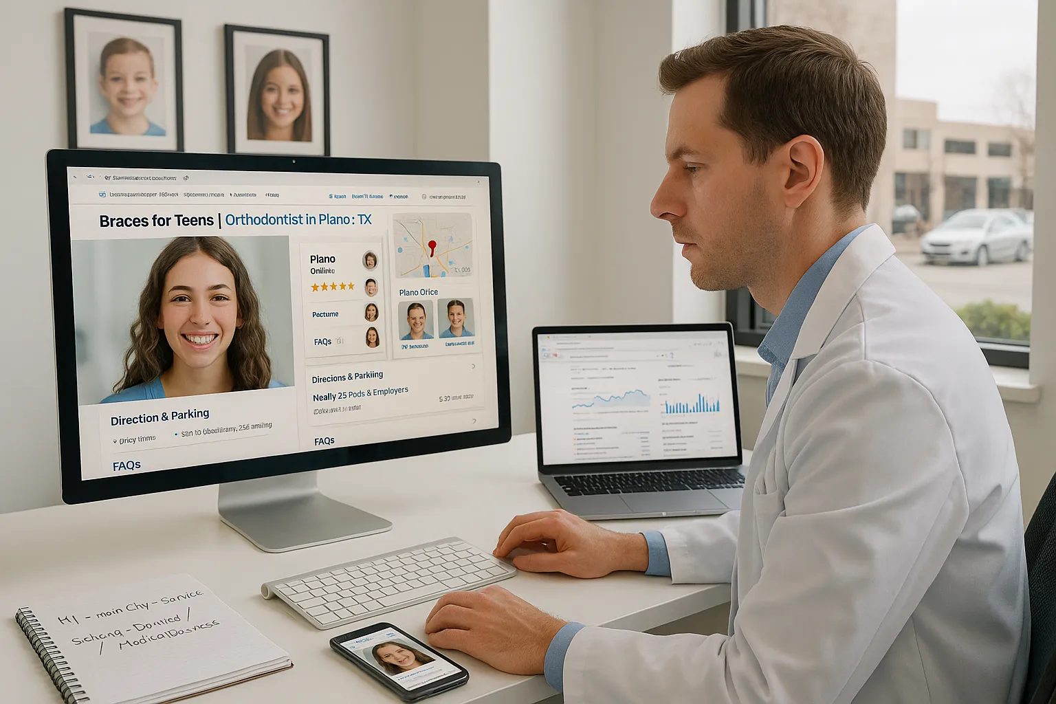 Orthodontist optimizing a local practice website with maps and locations on screen.