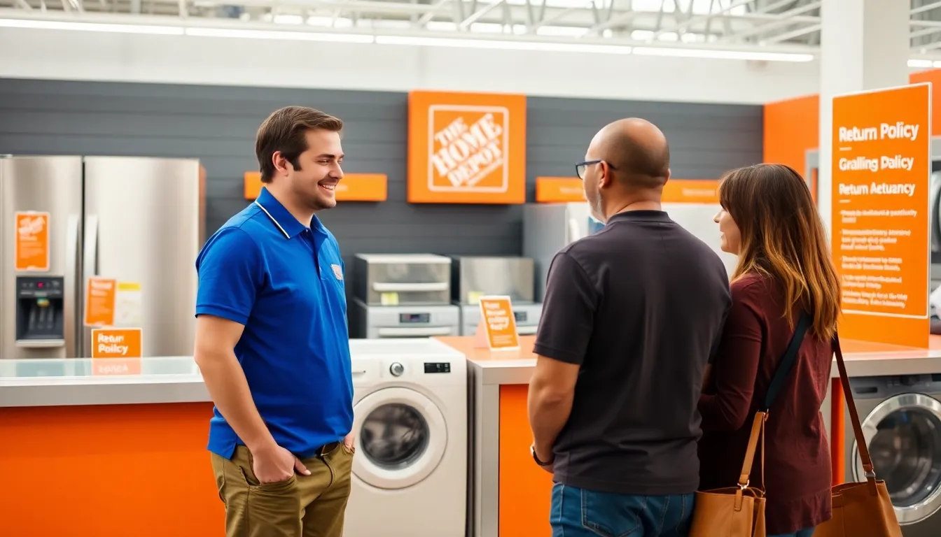 Home Depot representative helping customers with appliance returns.