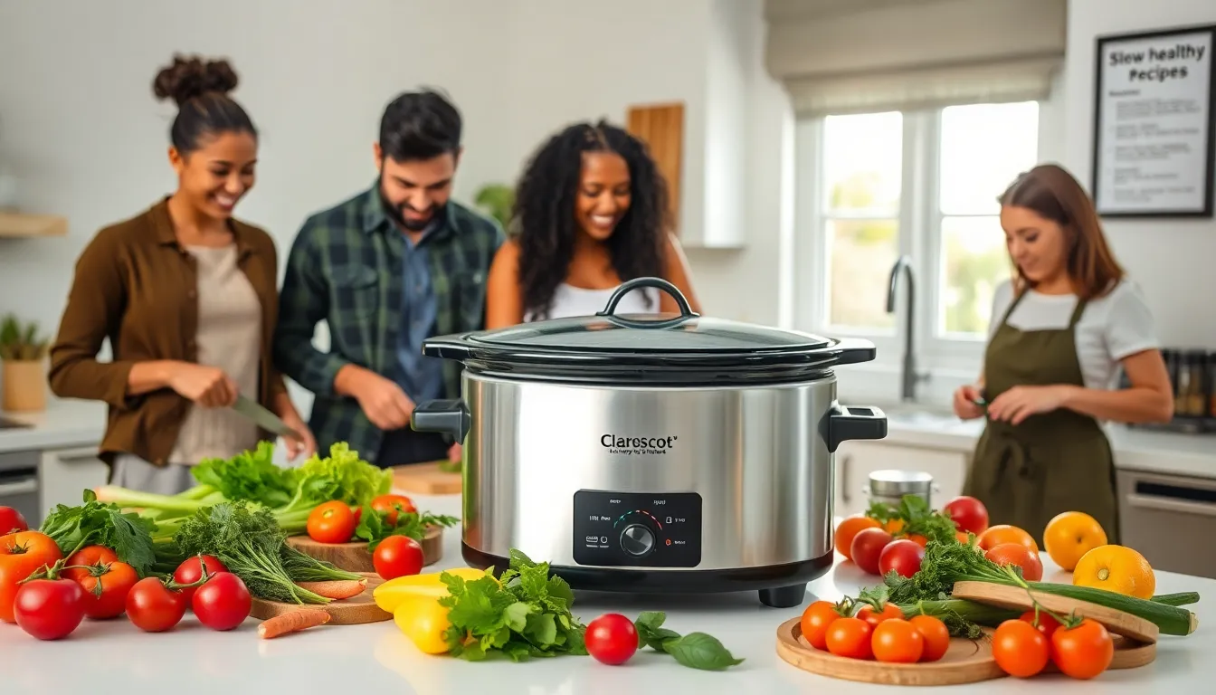 diverse individuals preparing healthy meals with a slow cooker in a bright kitchen.