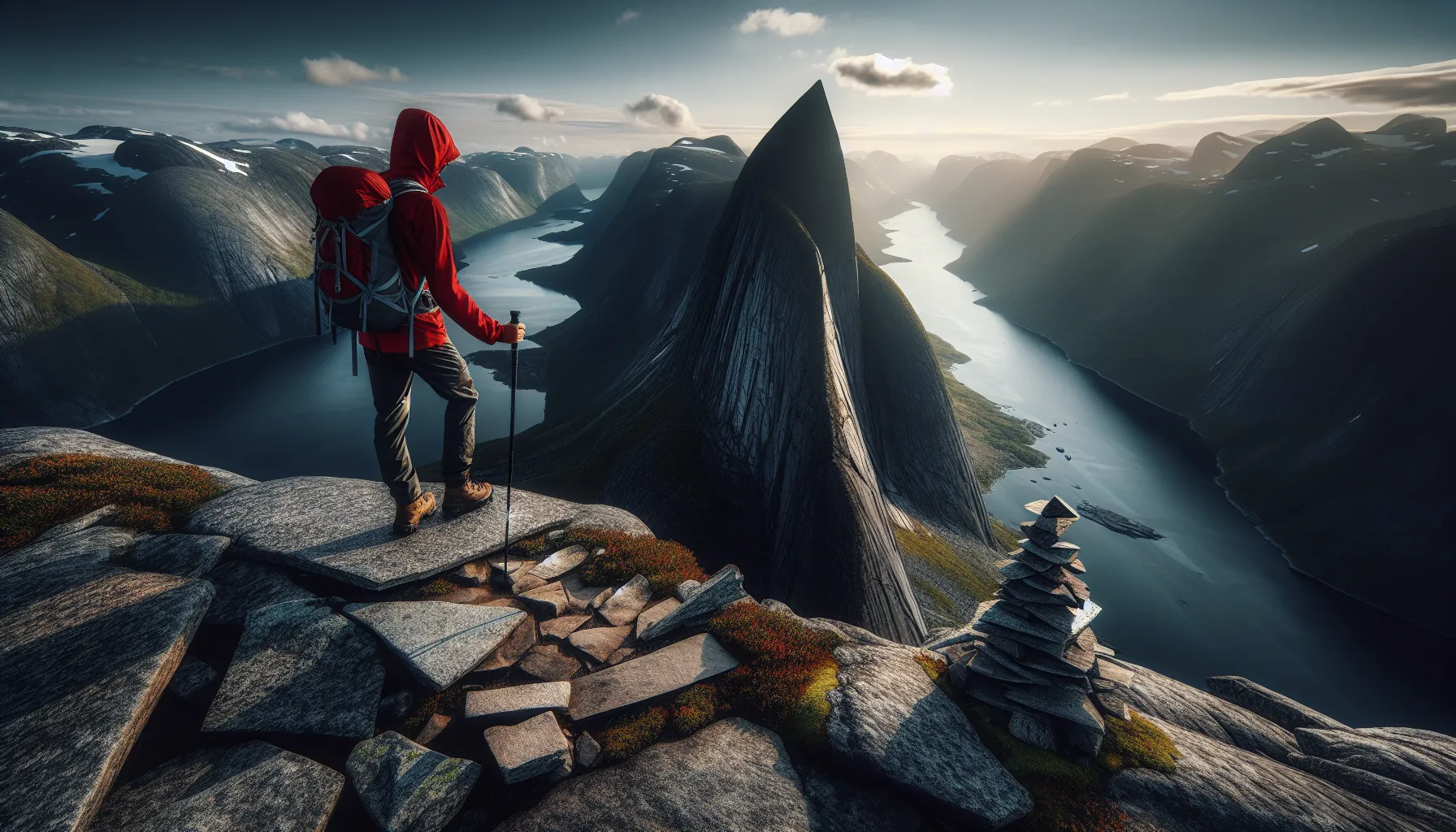 Hiker on saksa summit overlooking hjørundfjorden and the pyramid peak of slogen.