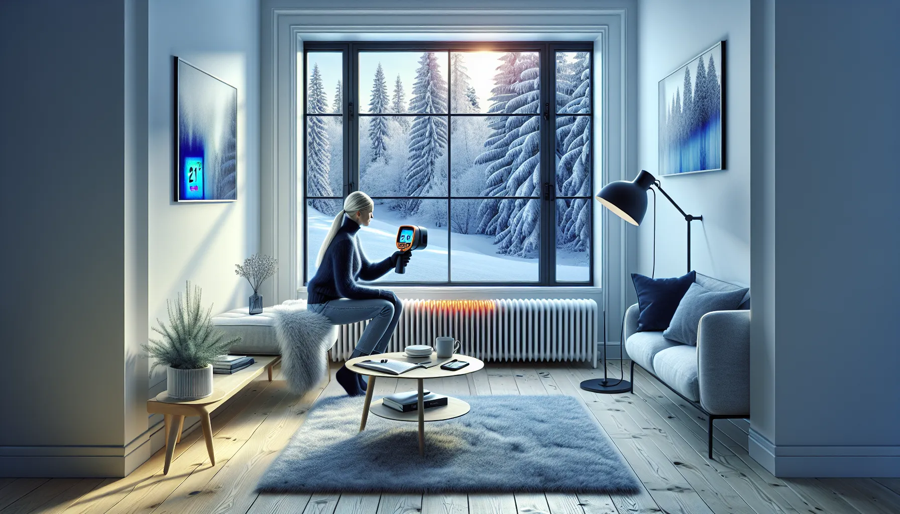 Hvordan redusere strømregningen med energieffektive ovner 2 Norwegian homeowner scans window with thermal camera beside efficient panel heaters.