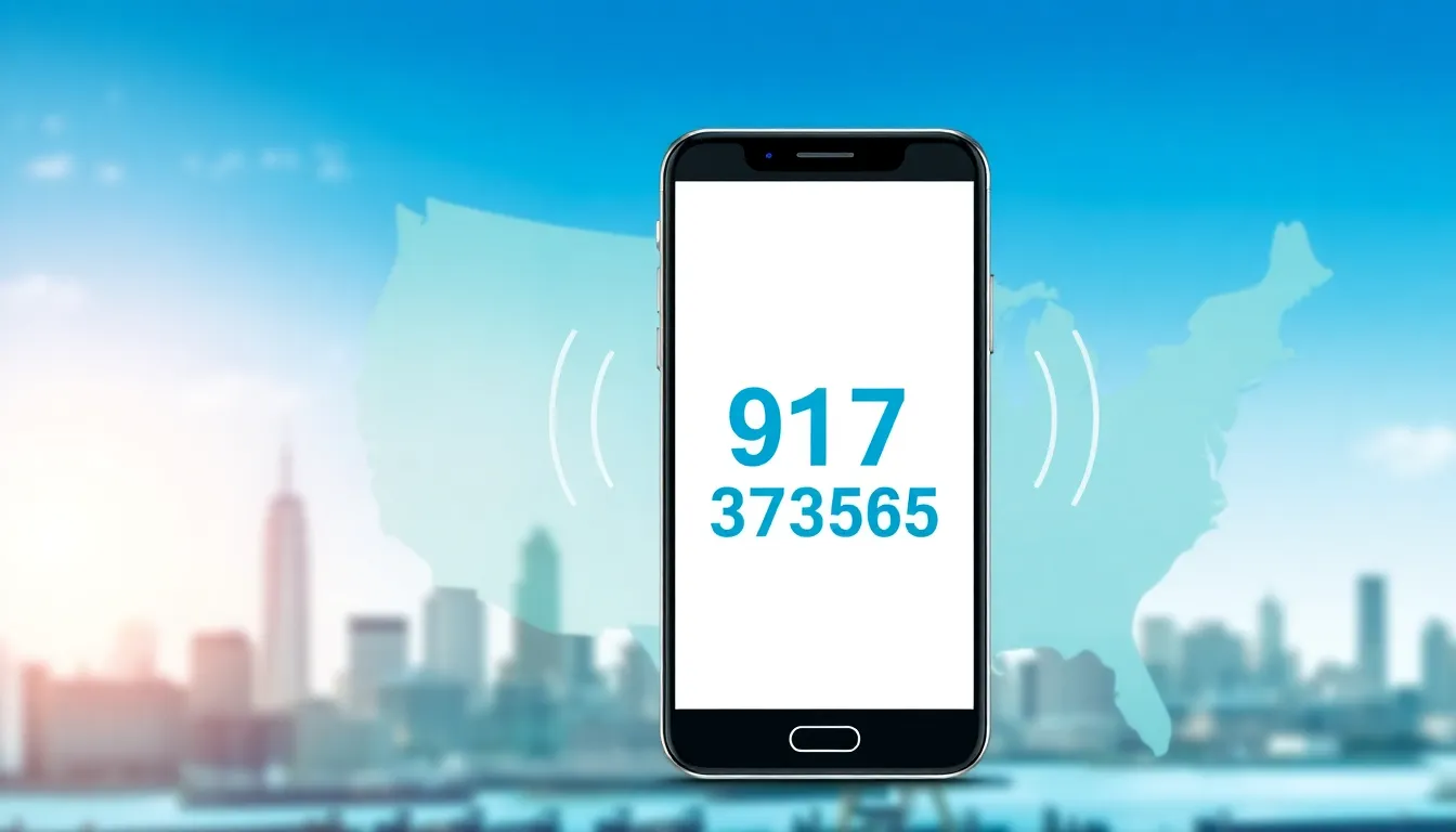 stylized smartphone displaying the number in a New York City setting.