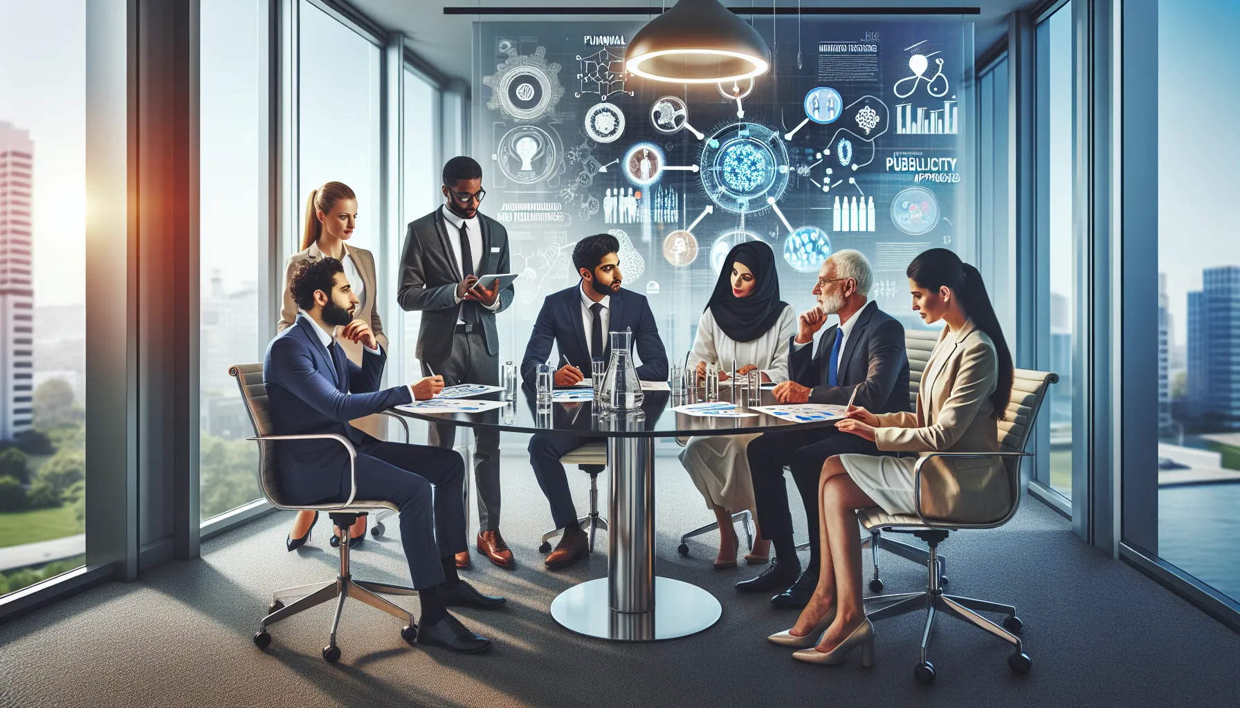 diverse team discussing marketing strategies in a modern office.