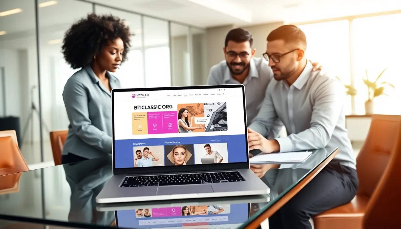a laptop displaying Bitclassic.org with diverse professionals collaborating.