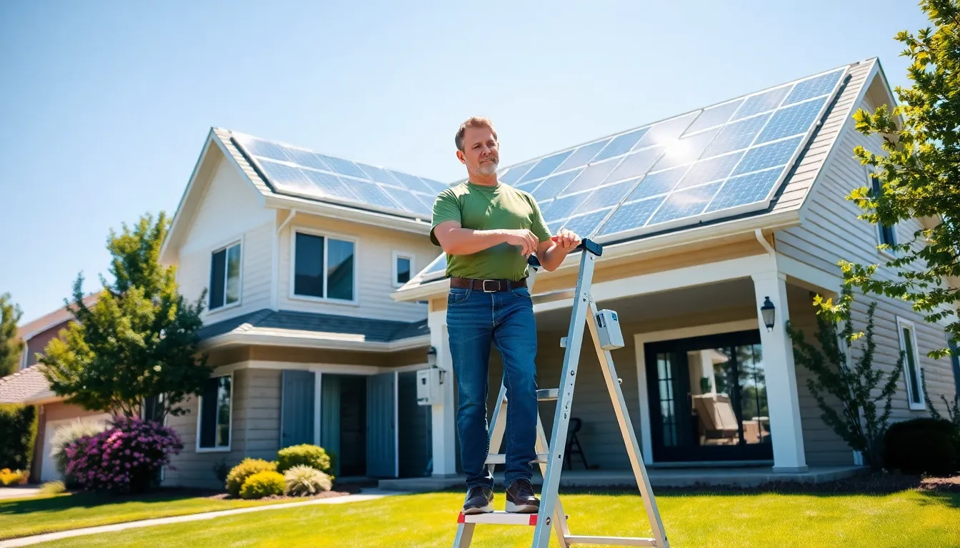 a man inspecting solar panels on a sunny suburban home.