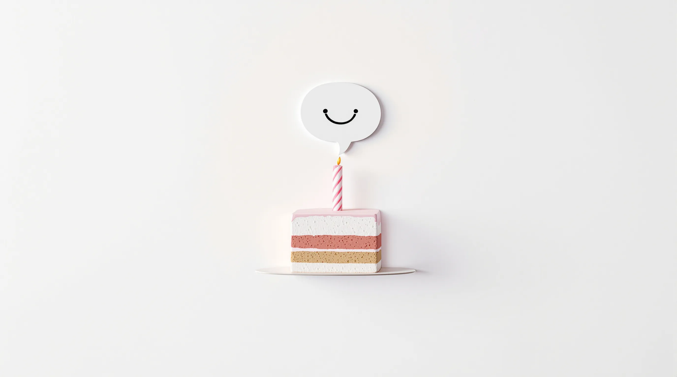 a minimal birthday cake with a playful, ironic speech bubble above
