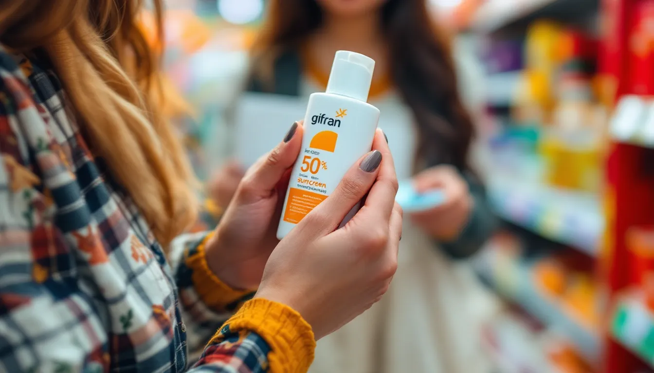 Hands flipping a sunscreen bottle to read the ingredient list in a store aisle.