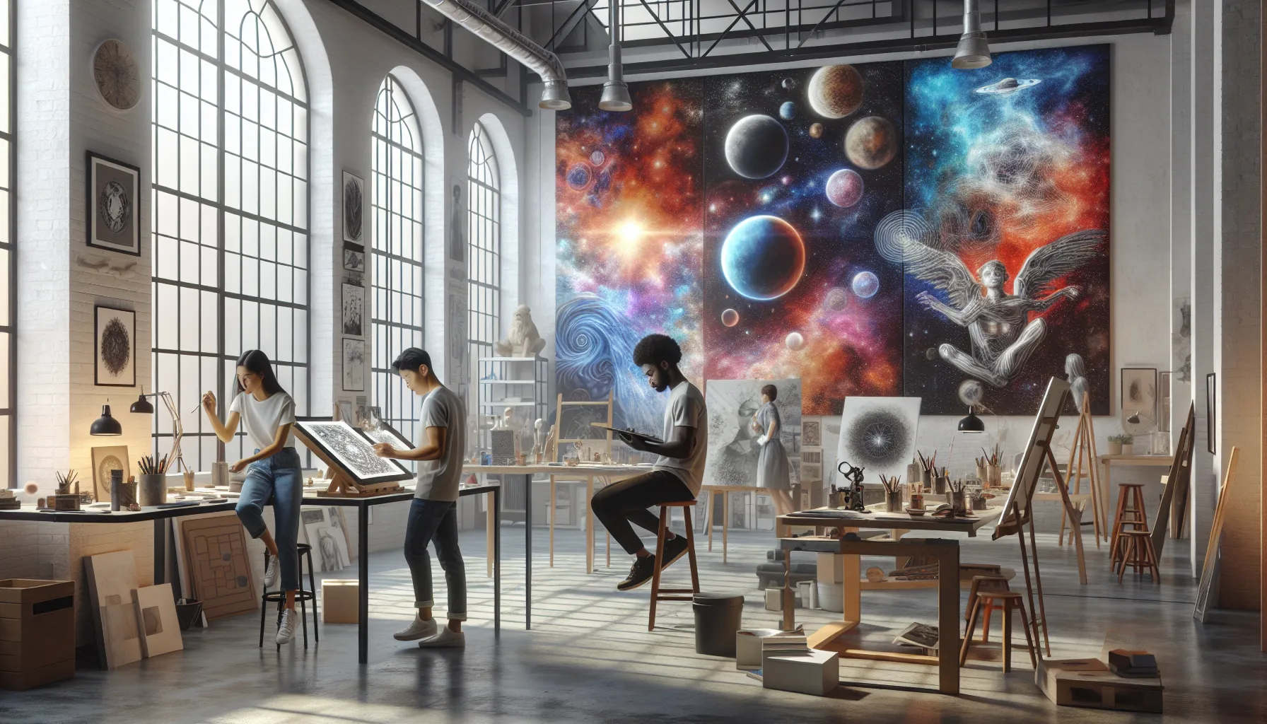 diverse artists working on cosmic-inspired creations in a vibrant studio.