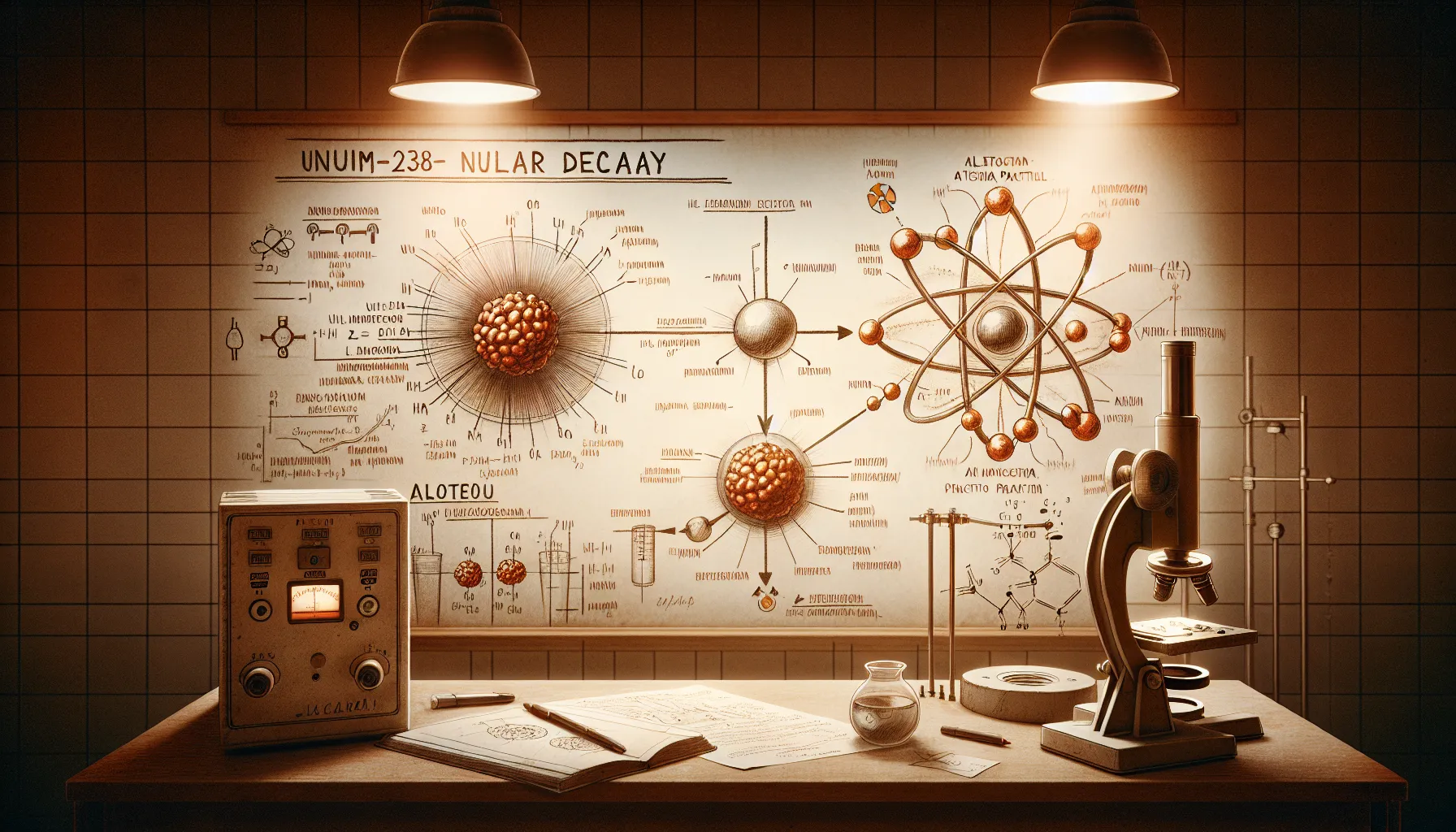 A depiction of uranium-238 undergoing alpha decay.
