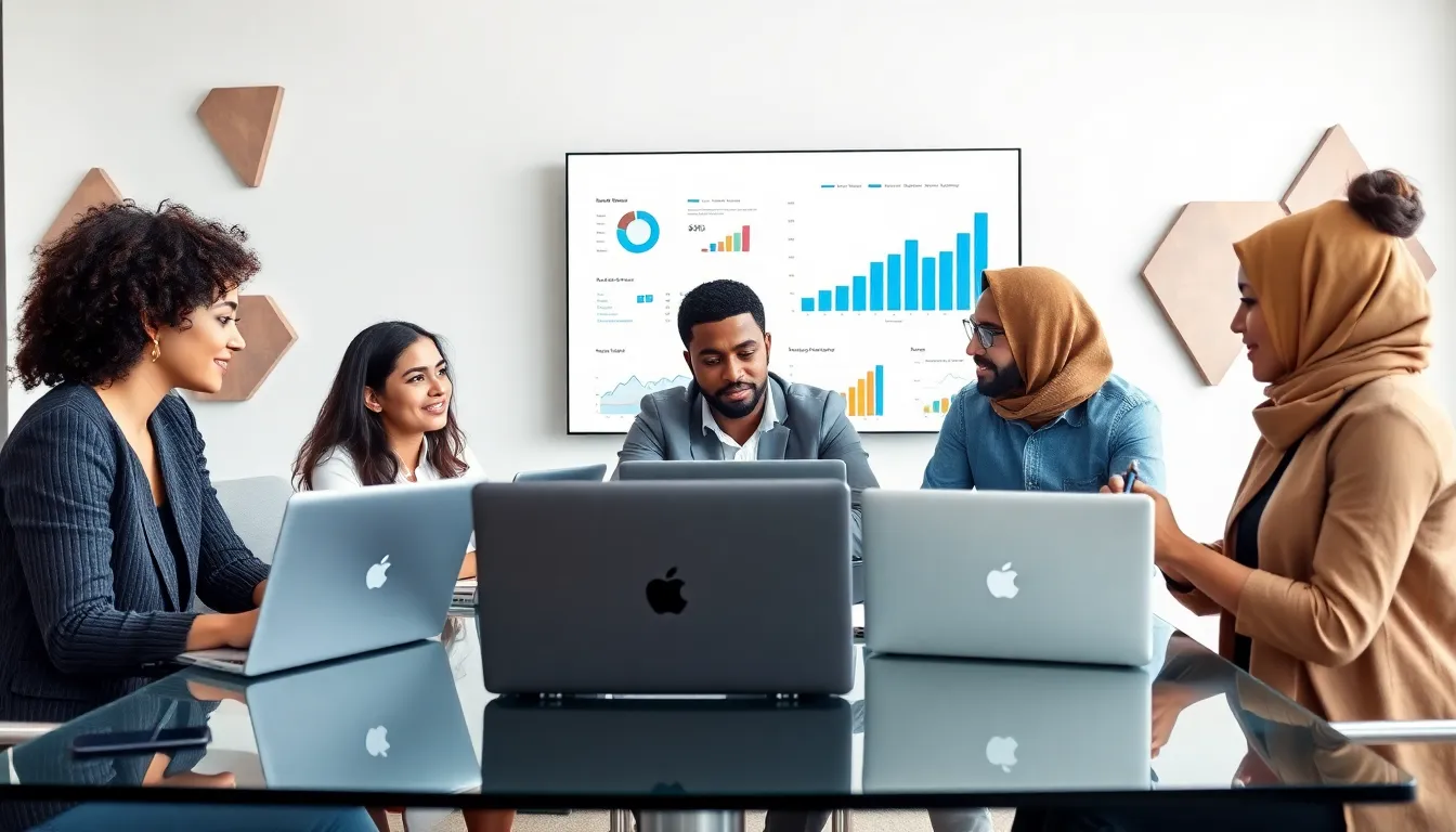 diverse team collaborating in a modern office on digital strategies.