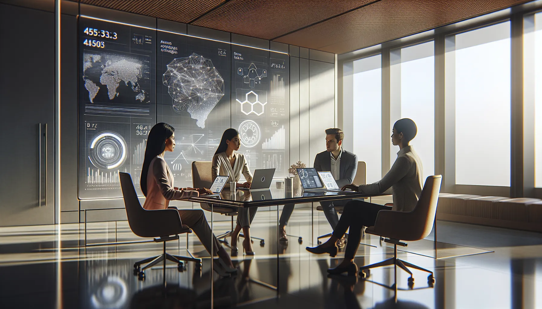 diverse professionals collaborating in a modern workspace on data-driven technologies.