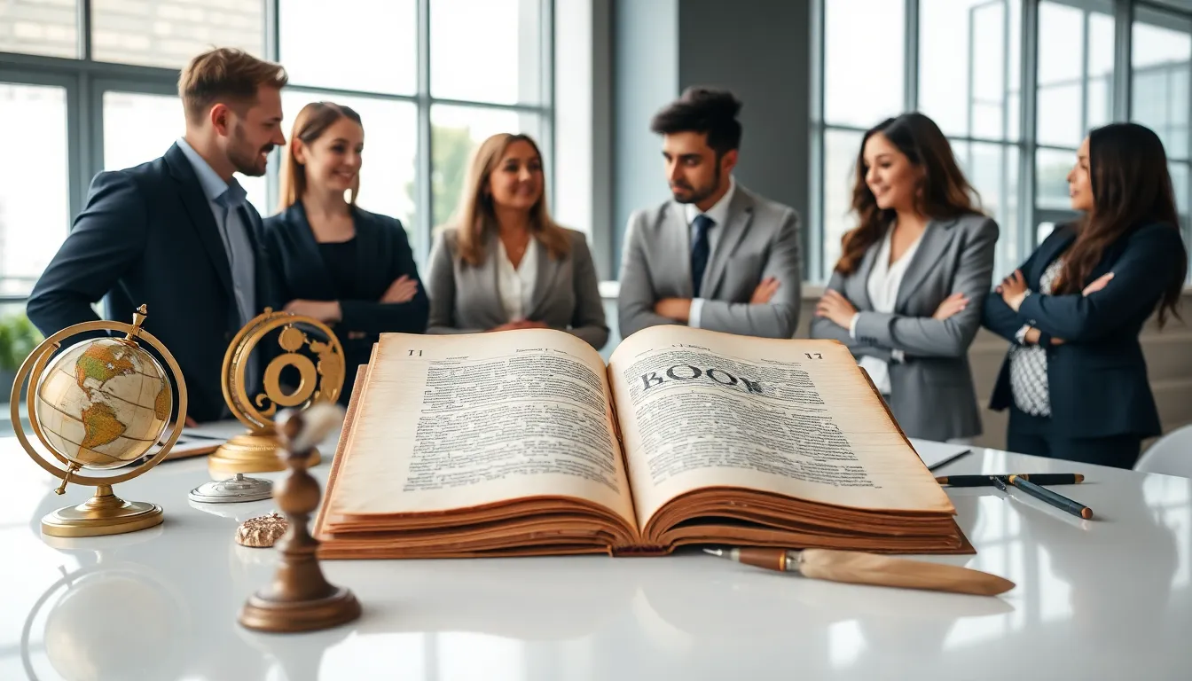 professionals discussing an ancient manuscript in a modern office.