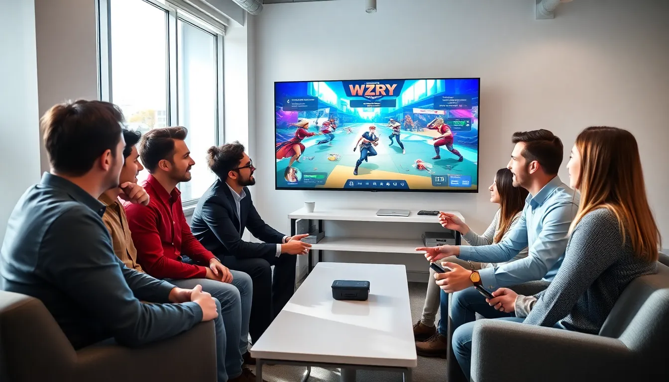 diverse team discussing gaming strategies in a modern office.