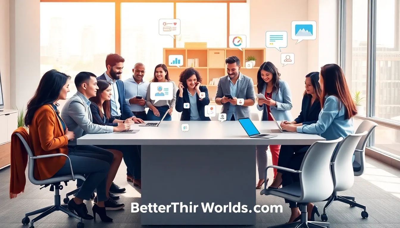 diverse team collaborating in a modern office setting for BetterThisWorlds.com.