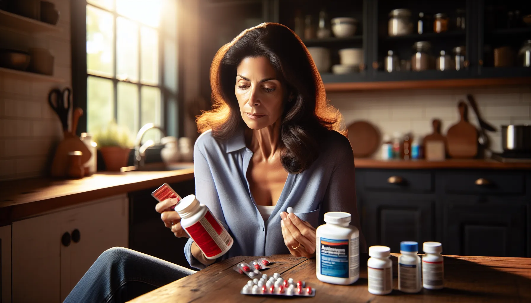 a woman comparing ibuprofen and acetaminophen in her kitchen.
