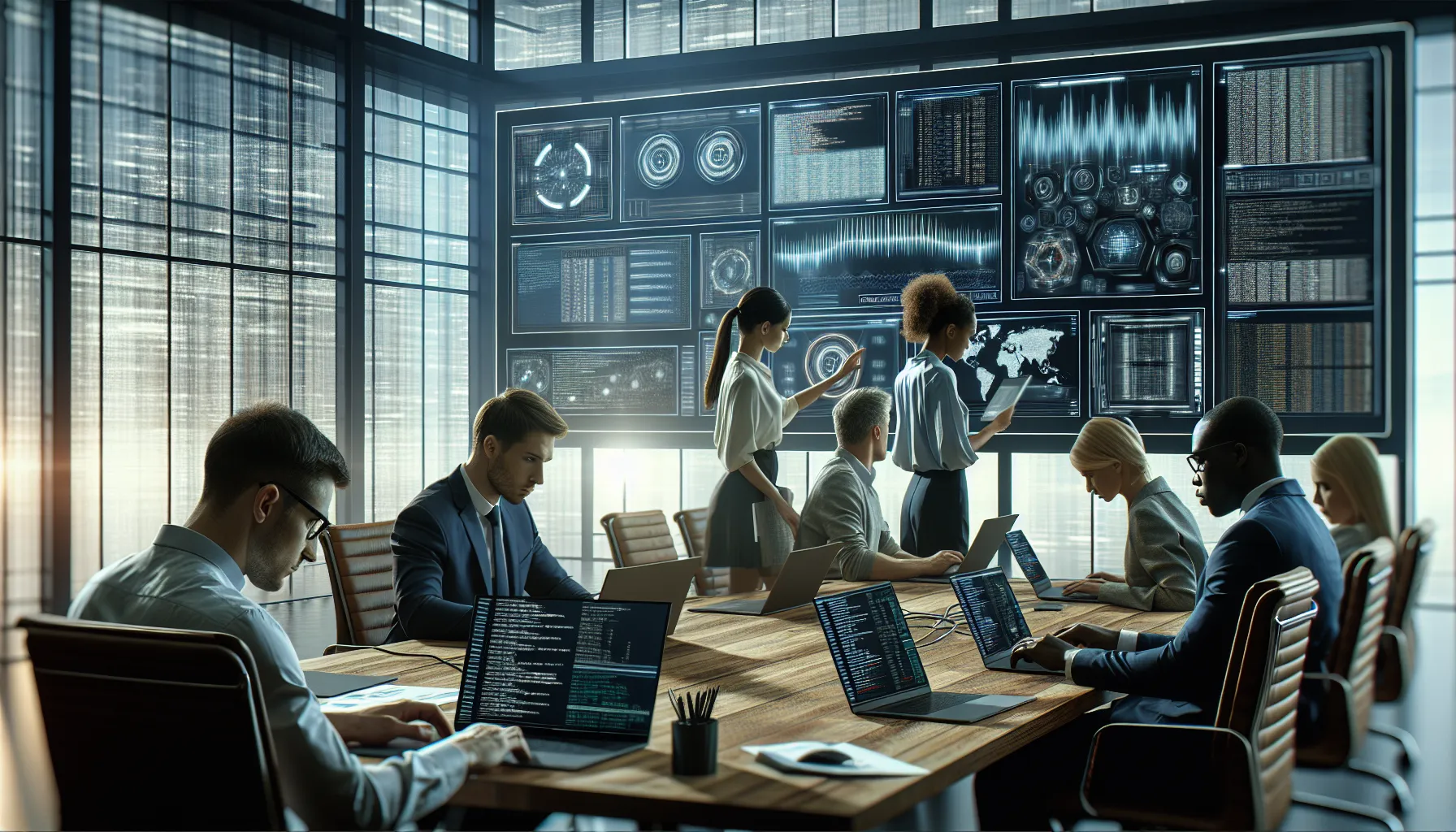 diverse IT team diagnosing a tech error in a modern office.