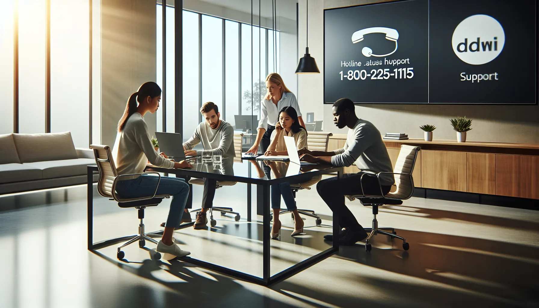 diverse team collaborating in a modern office, focusing on customer service.