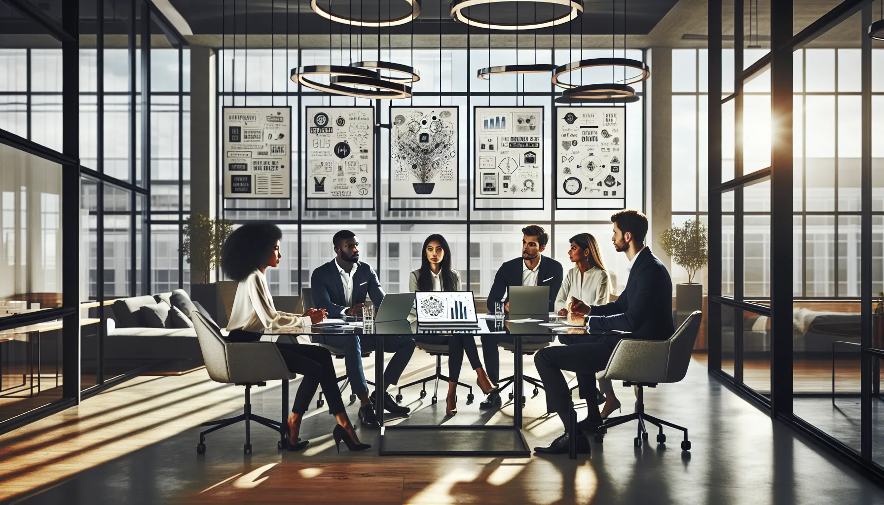 diverse team brainstorming in a modern office setting.