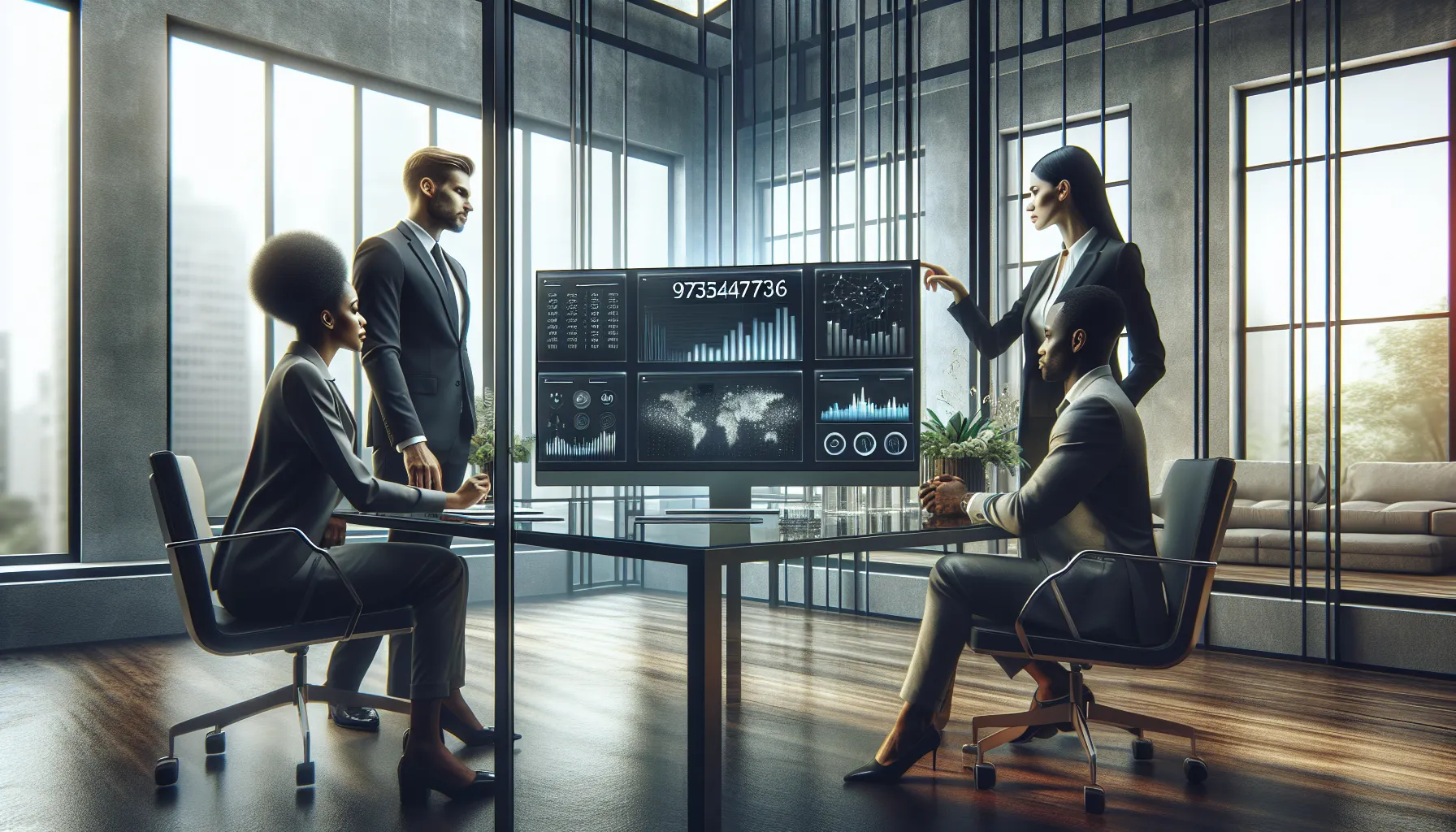 professionals analyzing data in a modern office setting.