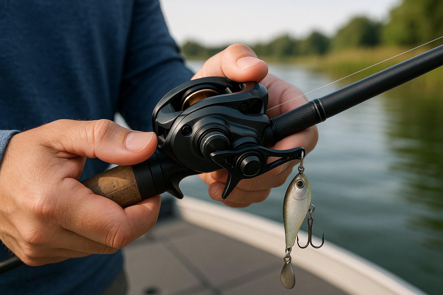 Angler adjusting a baitcasting reel with lure hanging for spool tension setup.