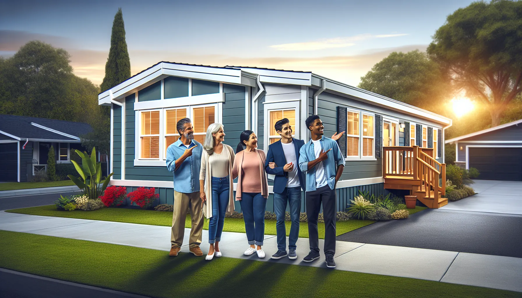 happy homeowners admiring a newly renovated mobile home exterior.