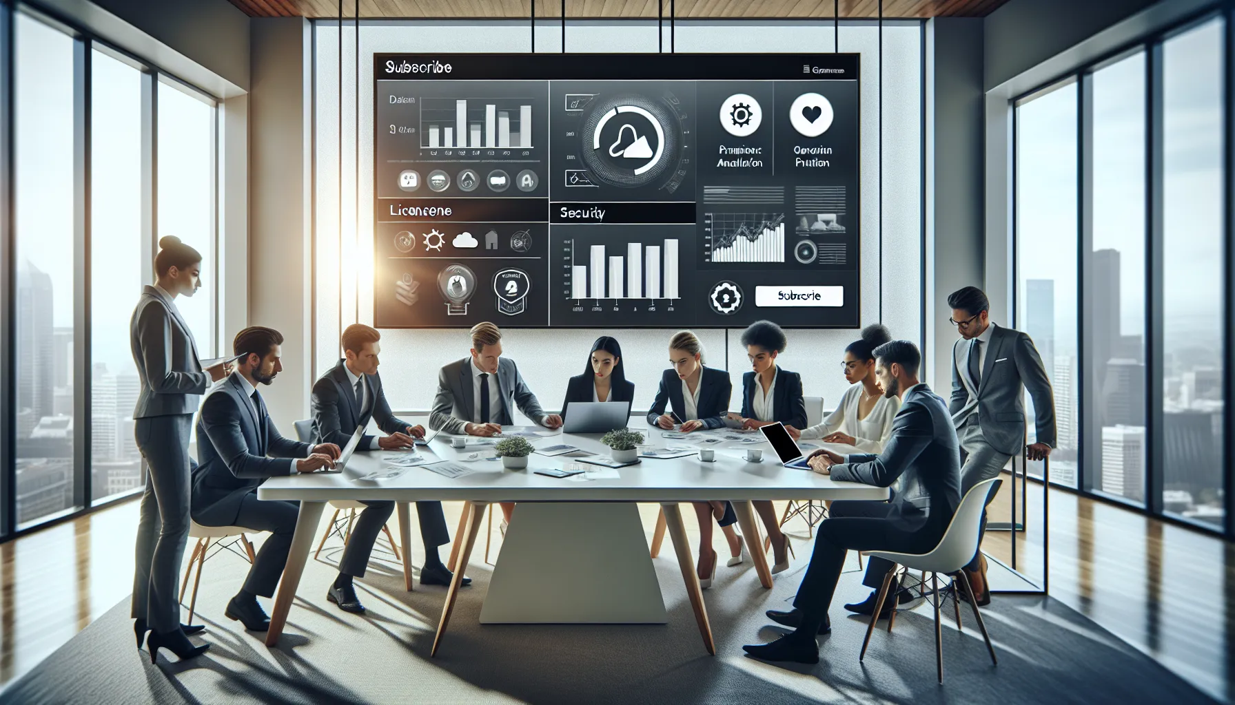 Team reviews Power BI filtered subscriptions with licensing and security checks in office.