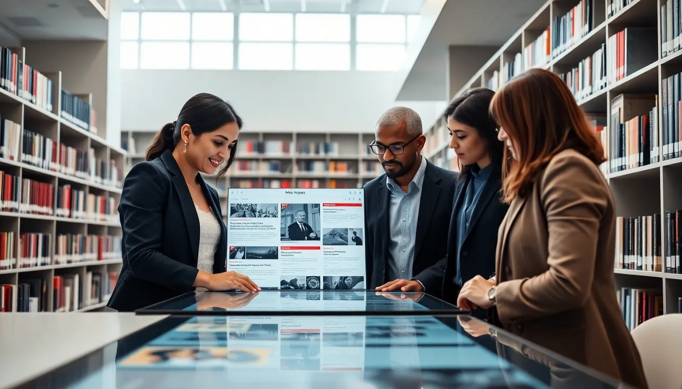 diverse team exploring digital archives of world news.