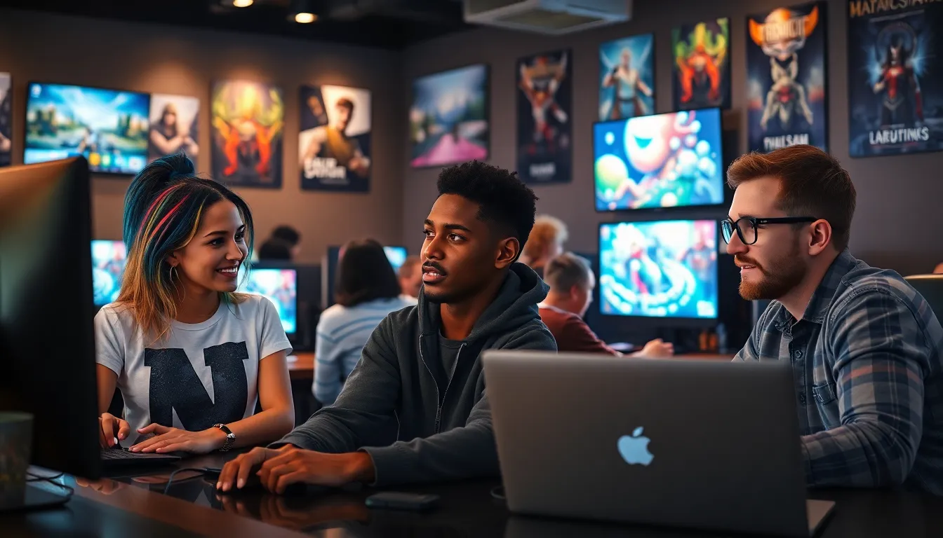 a diverse group of gamers engaging in a lively gaming cafe.