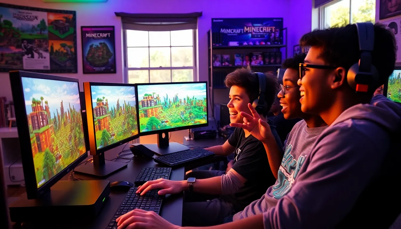 teenagers playing Minecraft imagineergames in a colorful gaming room.