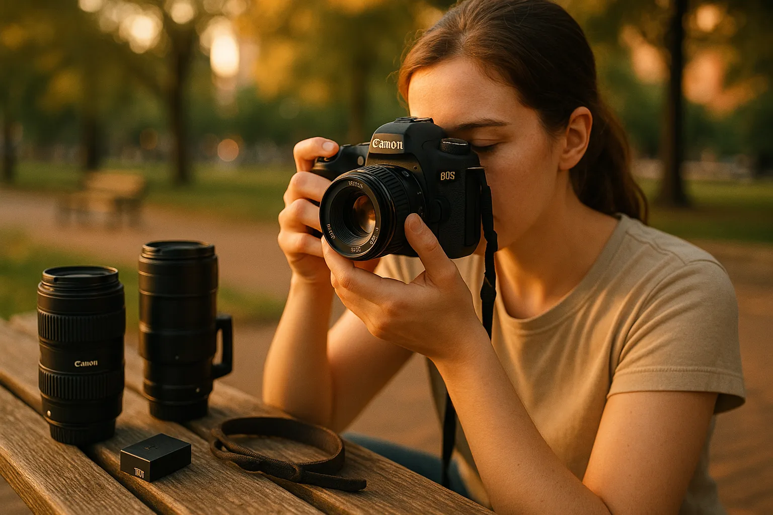 Beginner photographer using a Canon DSLR with extra lenses on a park bench.