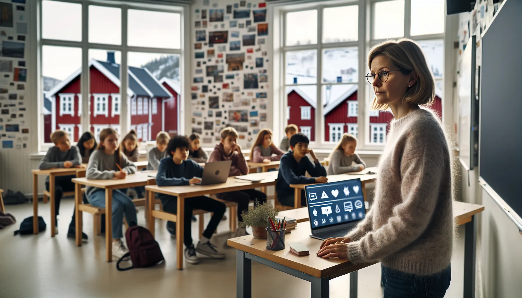 Hvordan styrke elevenes digitale dømmekraft i en teknologisk hverdag 2 Norwegian teacher and students discussing responsible social media use in a modern classroom.