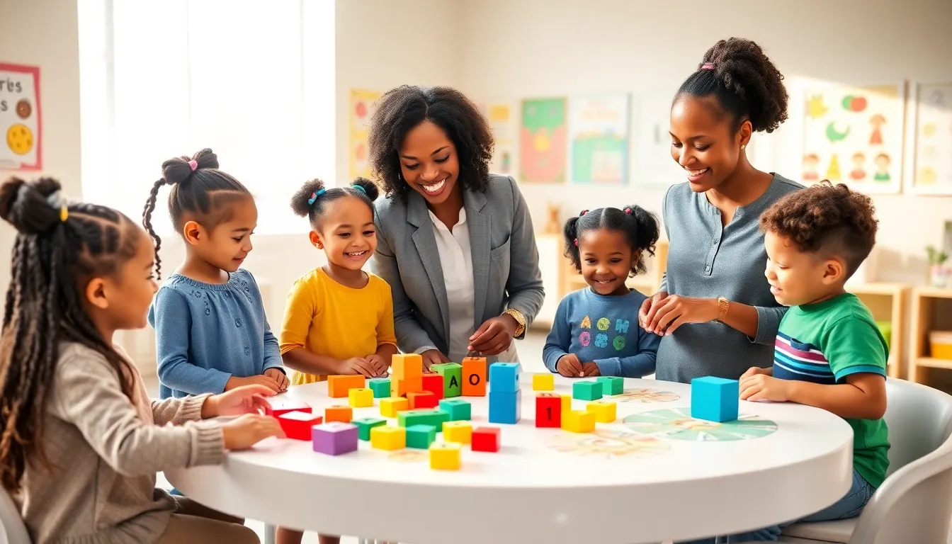 Children engaged in math activities in a colorful preschool classroom.