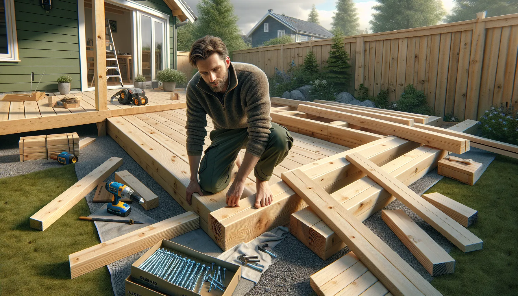 Norwegian homeowner installing terrace boards on sturdy timber frame with concrete footings.