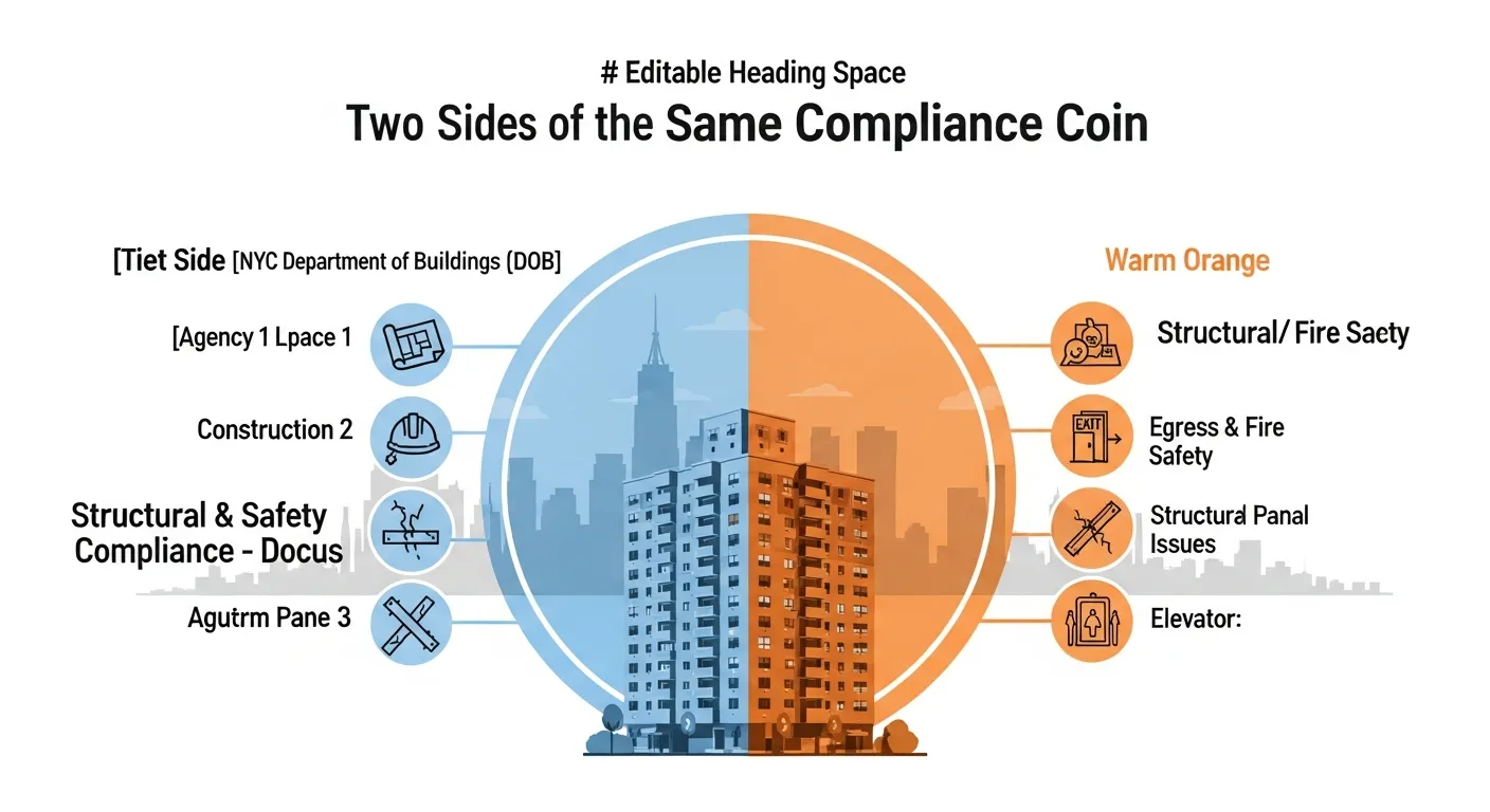 Infographic comparing NYC DOB and HPD building violations around a central apartment.