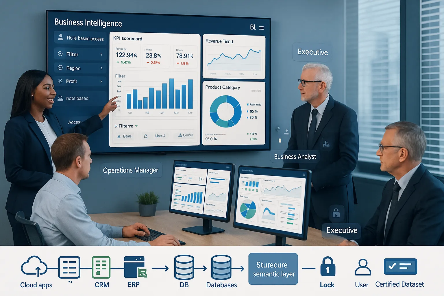 Professionals reviewing secure self-service BI dashboards in a modern office.