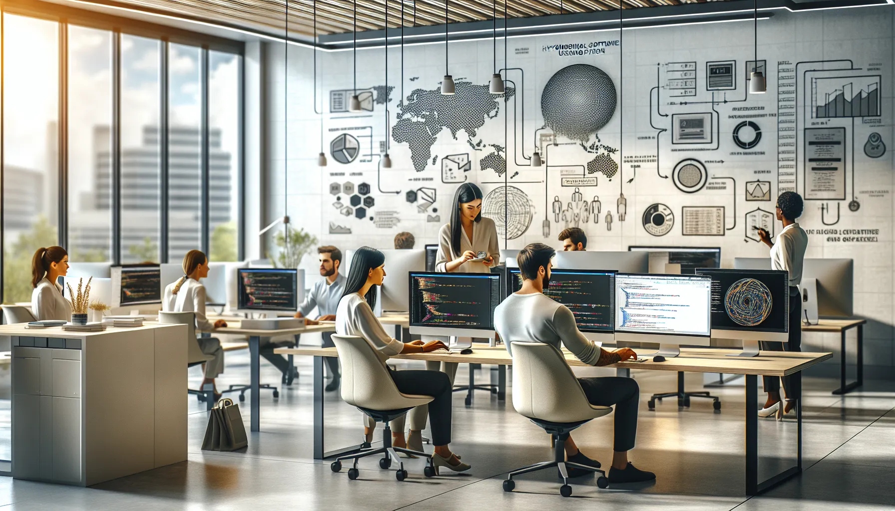 diverse professionals using Bvostfus software in a modern office.