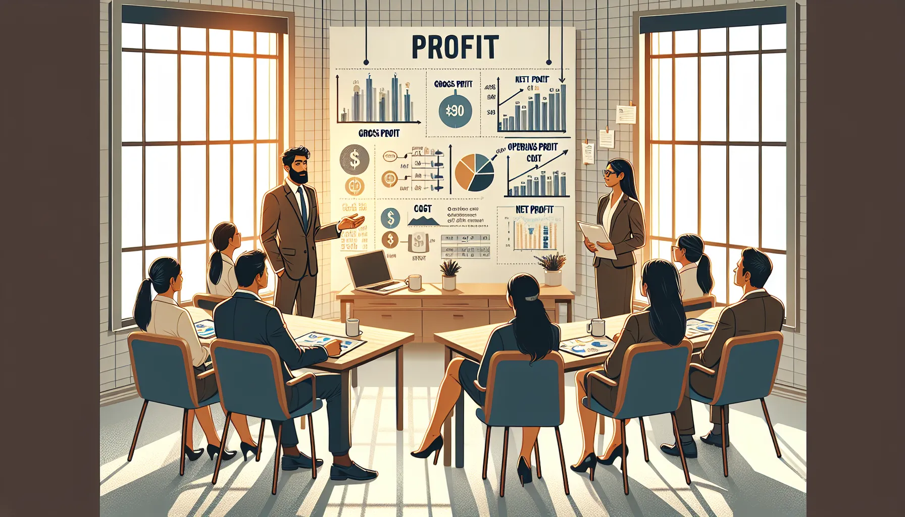 A professional explaining profit types on a whiteboard to clients in an office.