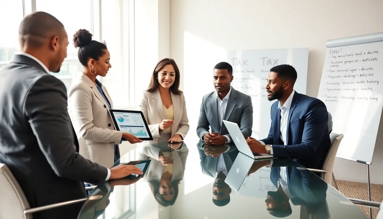 team discussing tax minimisation strategies in a modern office.
