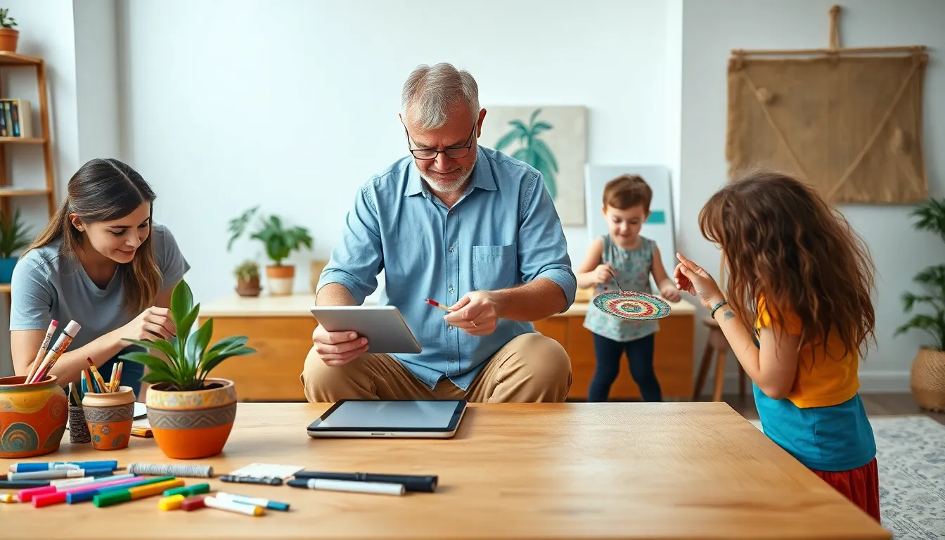 diverse group creating DIY home decor projects in a bright workspace.