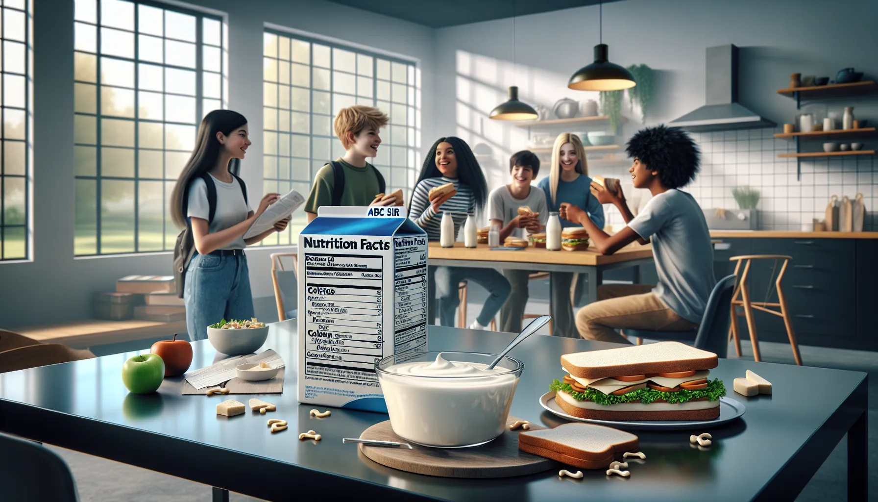 ABC cheese and nutrition info on a modern kitchen table with teens nearby.