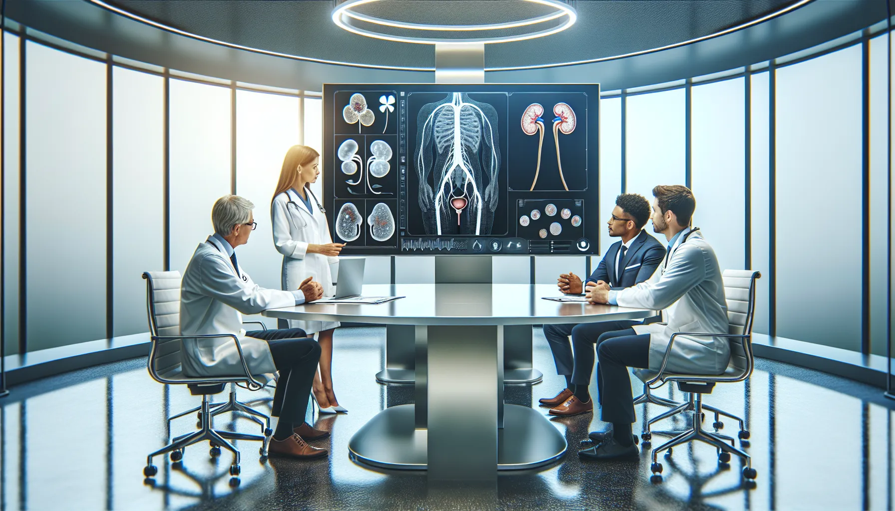 healthcare team discussing types of kidney stones in a modern office.