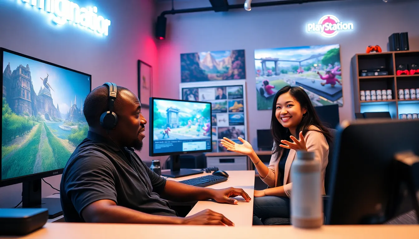 game developers collaborating in a modern studio with PlayStation branding.